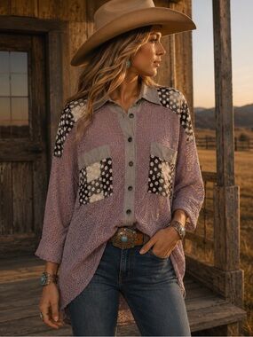 POL Small Oversized Knit and Crochet Button Down Top in the color Grey Lilac